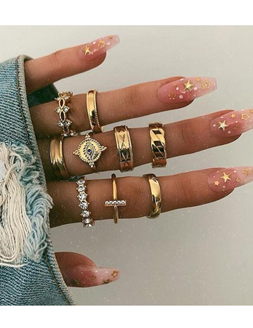 Fashion Gold Geometric Diamond Ring Set Of 9