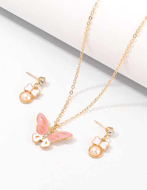 Fashion Gold Butterfly Pearl Drop Oil Earrings Necklace Set