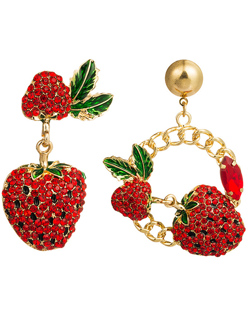 Fashion Red  Silver Needle Strawberry With Diamond Asymmetrical Earrings