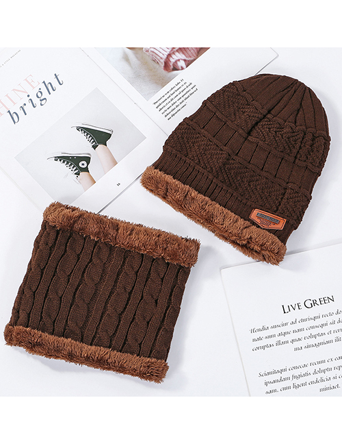 Fashion Coffee Color Plush Knitted Twisted Woolen Cap Bib Two-piece