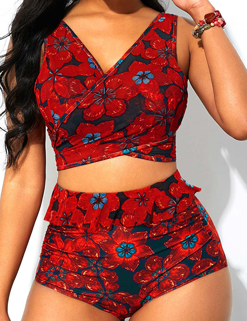 Fashion Red Printed Split Swimsuit
