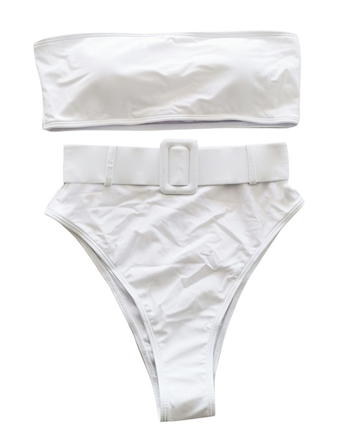 Fashion White Japanese Word Buckle Split Swimsuit