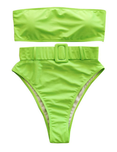 Fashion Fluorescent Green Japanese Word Buckle Split Swimsuit