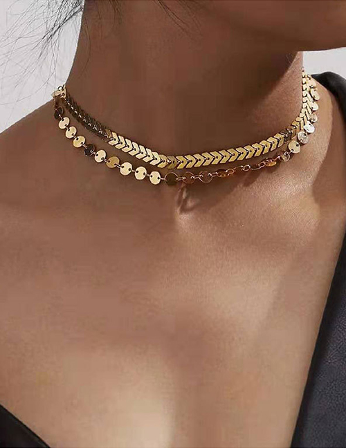 Gold Fish Bone Chain Sequin Double Layer Necklace