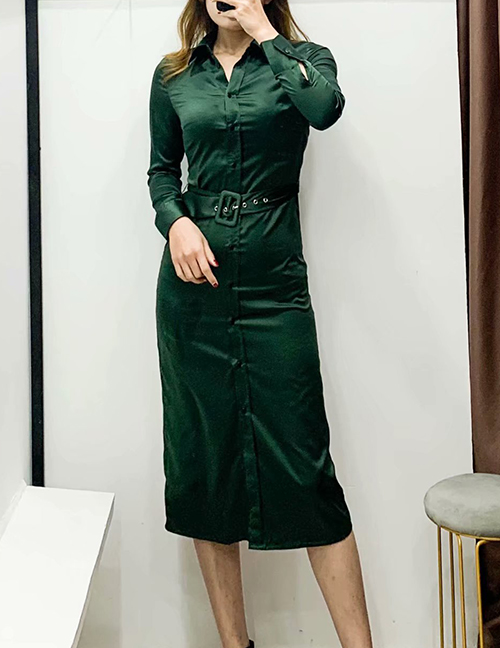 Fashion Green Silk Satin Tie Single-breasted Dress