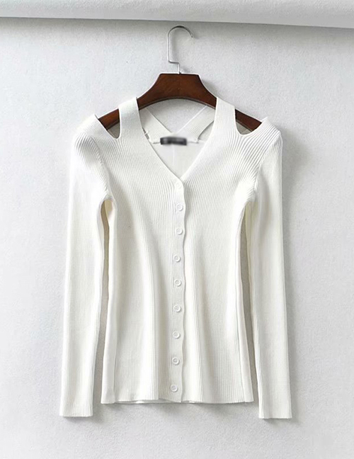 Fashion White Leaky Shoulder Single-breasted Knit Sweater