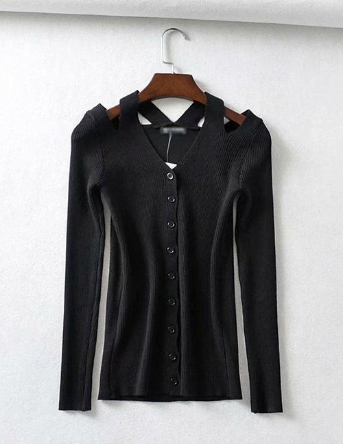 Fashion Black Leaky Shoulder Single-breasted Knit Sweater