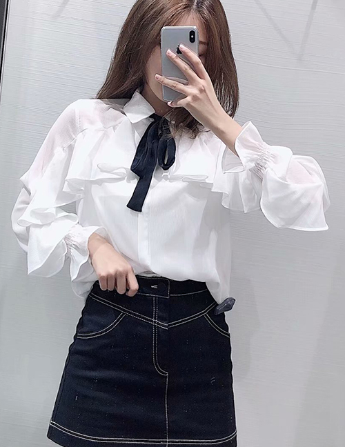 Fashion White Bow-tie Lace-up Shirt