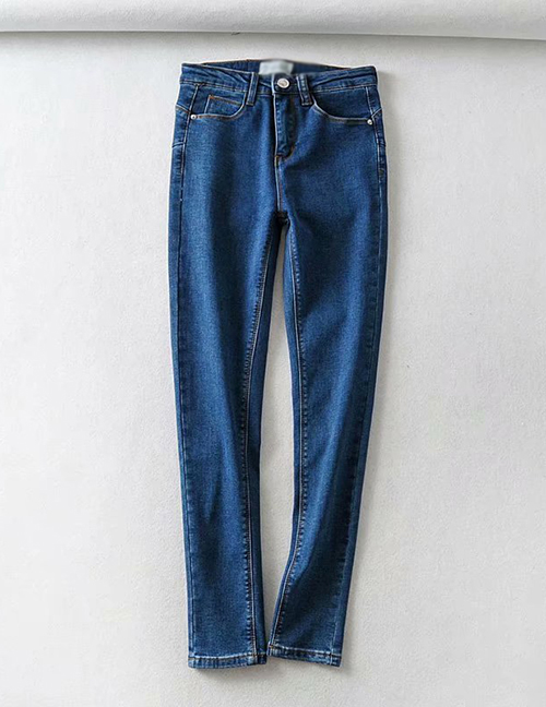 Fashion Dark Blue Washed Fleece Jeans
