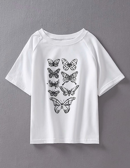 Fashion White Butterfly Print T-shirt