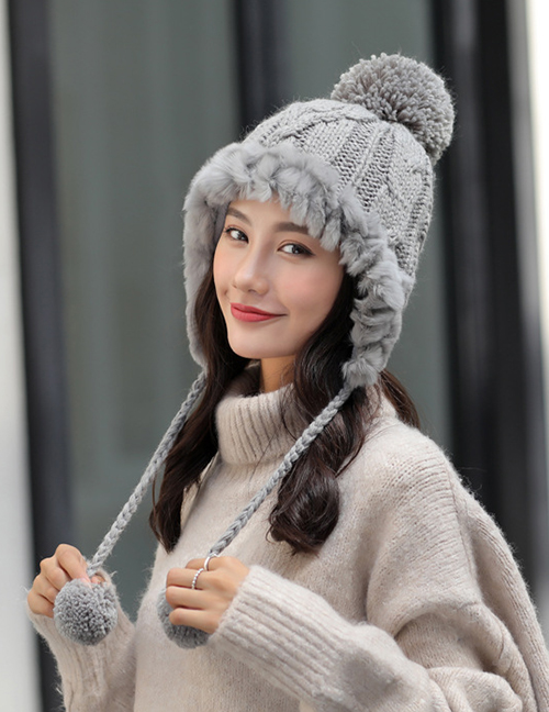Fashion Gray Plush Ball Knitted Sweater Cap