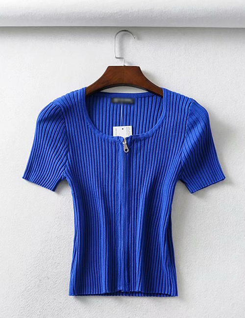 Fashion Sapphire Zip Plaid Knitted T-shirt