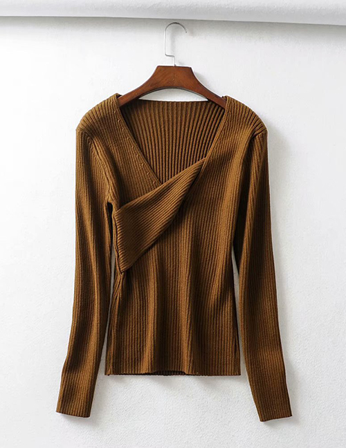 Fashion Brown Threaded Diagonal Collar Irregular Knitted Bottoming Shirt