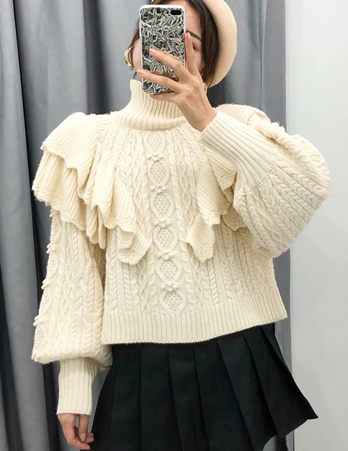 Fashion Beige Stacked Ruffled Eight-strand Knitted Sweater