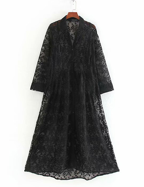 Fashion Black Translucent Embroidered Single-breasted Dress