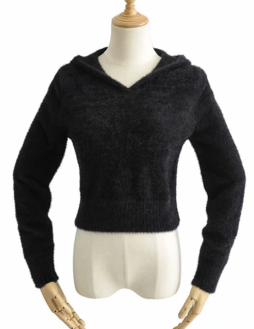 Fashion Black Mohair Hooded Sweater