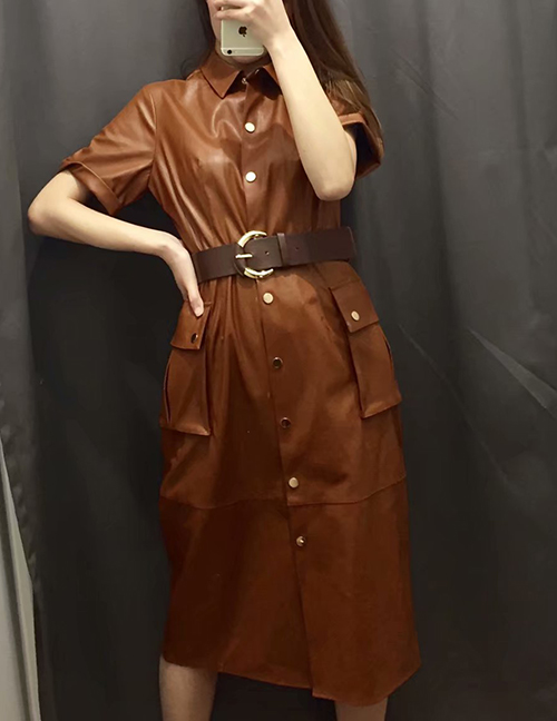 Fashion Brown Pu Leather With Belt Dress