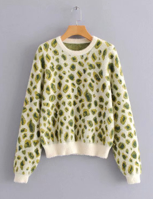 Fashion Green Leopard Mink Round Neck Knitted Sweater