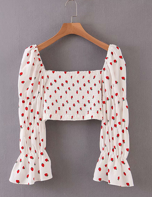 Fashion White Strawberry Print Pleated Shirt