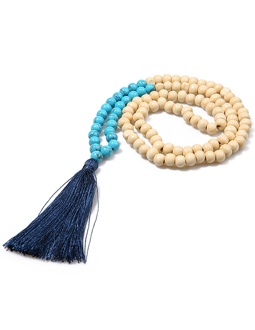 Fashion Navy Blue + Blue Wooden Beads Agate Gem Tassel Necklace