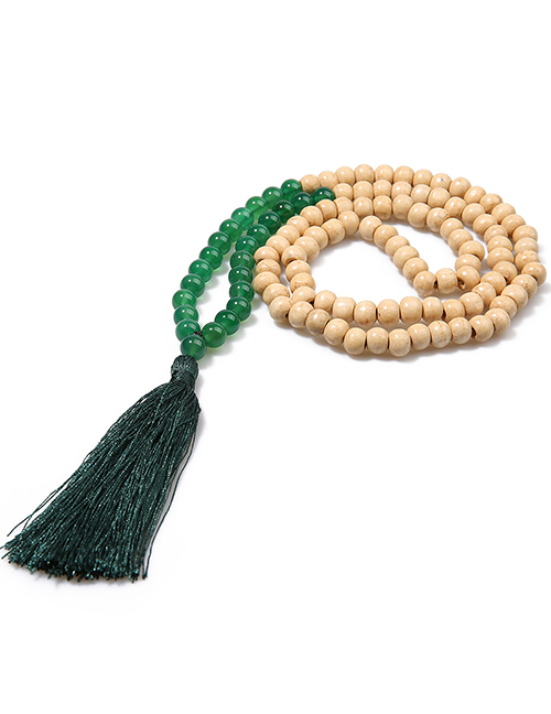 Fashion Dark Green Wooden Beads Agate Gem Tassel Necklace