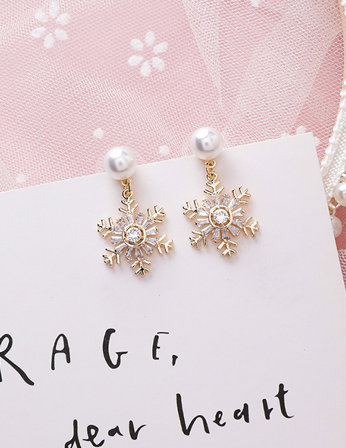 Fashion Pearl Snowflake  Silver Needle Full Diamond Snowflake Pearl Earrings