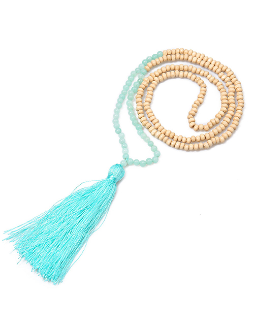 Fashion Blue Natural Stone Beaded Beads Tassel Necklace 6mm