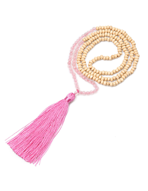 Fashion Pink Natural Stone Beaded Beads Tassel Necklace 6mm