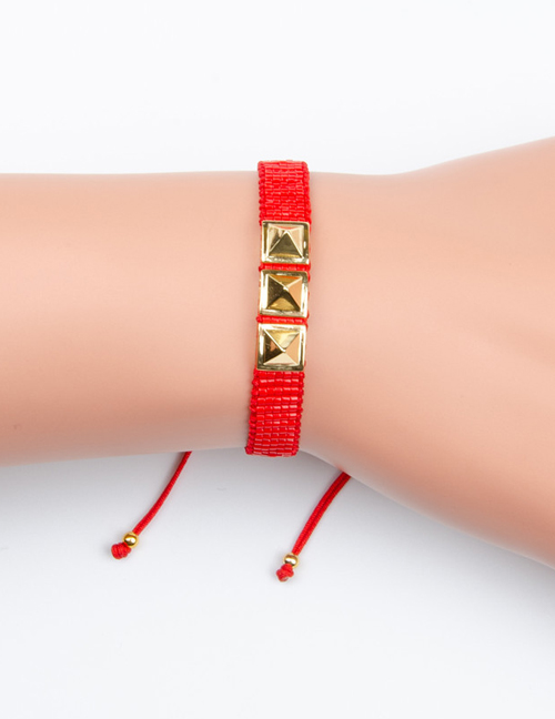 Red Electroplated Rivet Beaded Woven Bracelet