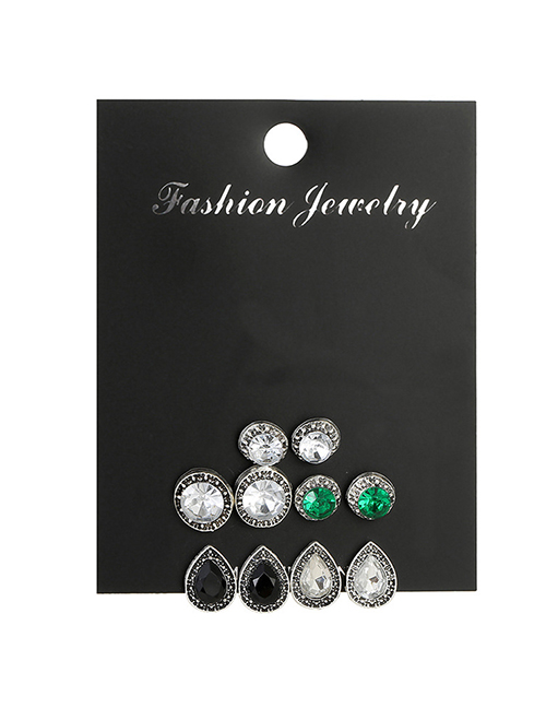 Fashion Silver Crystal Claw Set With Round Emerald Earrings Set Of 5