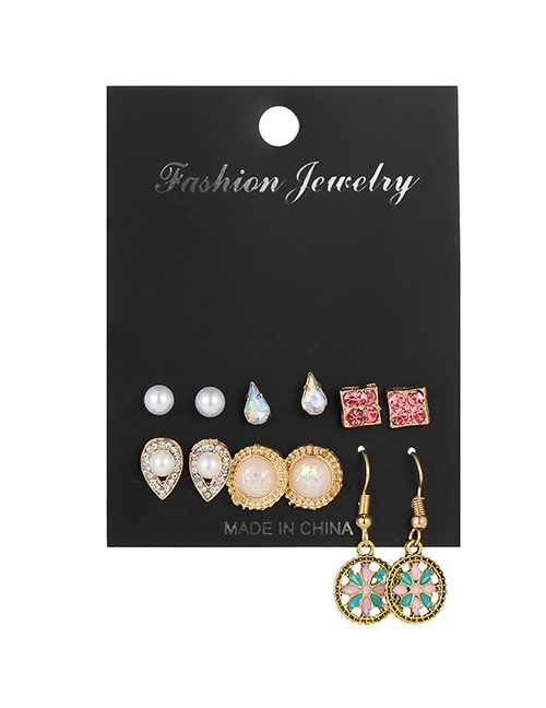 Fashion Gold Diamond-studded Geometric Earrings 6 Pairs