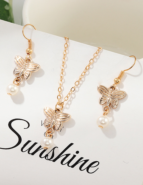 Fashion Gold Butterfly Necklace Pearl Earring Set