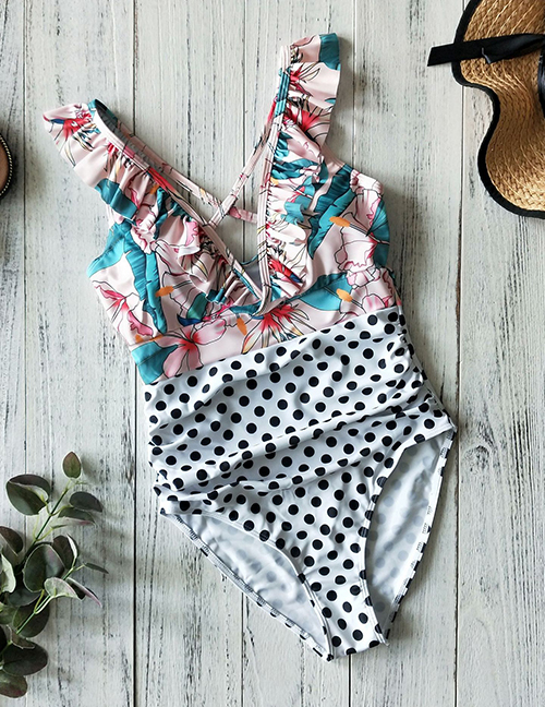 Fashion Pink Print + Black Dots On White Ruffled Striped Polka Dot One-piece Swimsuit
