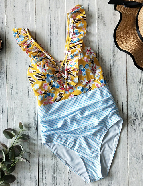 Fashion Yellow Print + Blue And White Diagonal Stripes Ruffled Striped Polka Dot One-piece Swimsuit