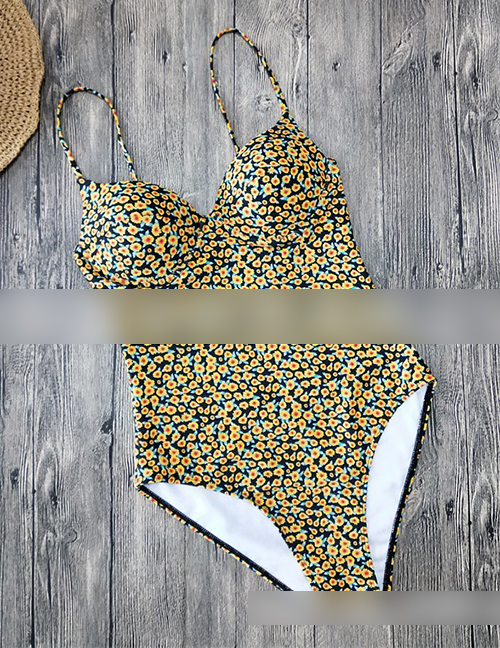 Fashion Yellow Flower Small Floral Deep V Sling One Piece Swimsuit