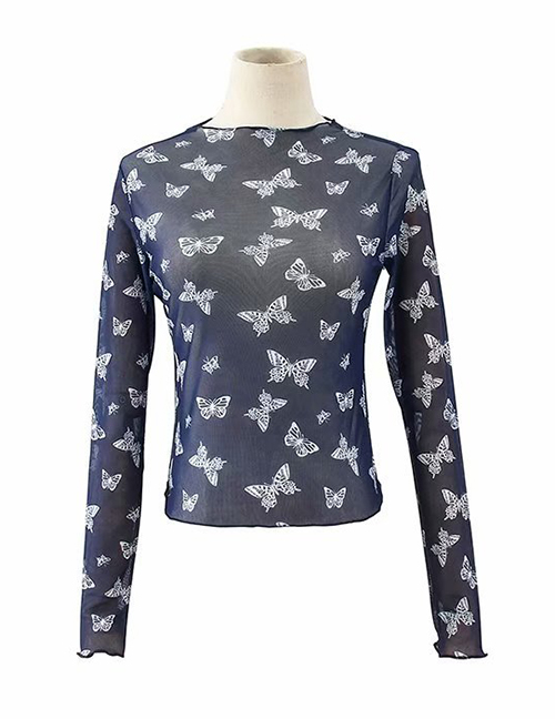 Fashion Blue Butterfly Print Mesh T-shirt