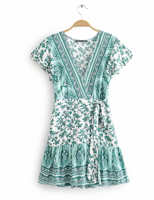 Fashion Green V-neck Cotton Flower Print Dress