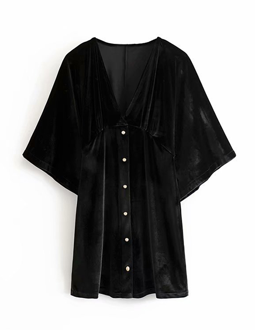 Fashion Black Velvet V-neck Dress With Jewellery Buttons