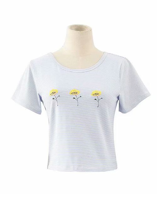 Fashion Stripe Flower Embroidered Crew Neck T-shirt