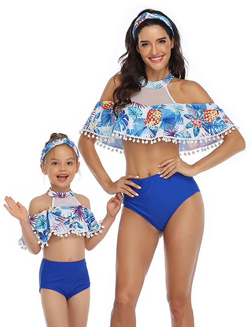 Fashion Blue Printed Ruffle Fringe Parent-child Bikini Children