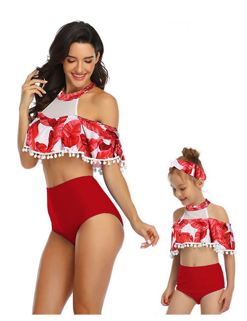 Fashion Red Printed Ruffle Fringe Parent-child Bikini Children