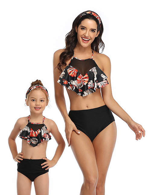 Fashion Flowers On Black Print Stitching Double Lotus Leaf Parent-child Bikini Adult