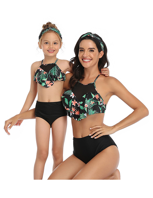 Fashion Black Pants With Green Flowers Print Stitching Double Lotus Leaf Parent-child Bikini Adult