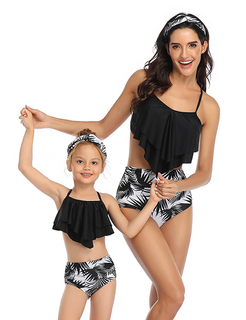 Fashion Up Black Down Black Flower Print Stitching Double Lotus Leaf Parent-child Bikini Adult