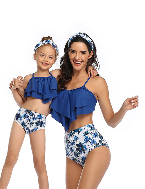 Fashion Coconut On The Blue Print Stitching Double Lotus Leaf Parent-child Bikini Adult