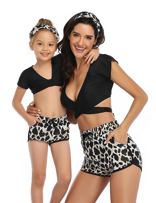 Fashion Black Leopard Print Cross Strap Sports Bikini Three Piece Set For Children
