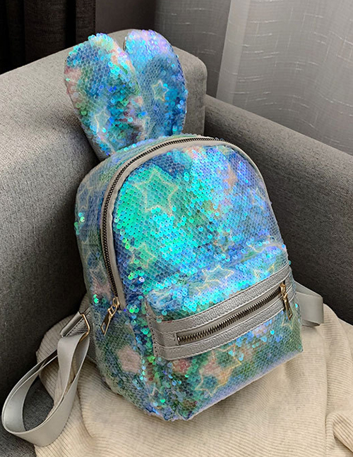 Fashion Light Blue Stars Sequined Bunny Ears Backpack