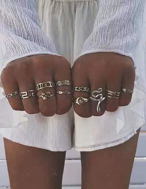 Fashion Silver Snake Flower Lite Ring Set