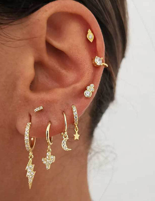 Fashion Golden Lightning Diamond Star Moon Stud Earrings Set