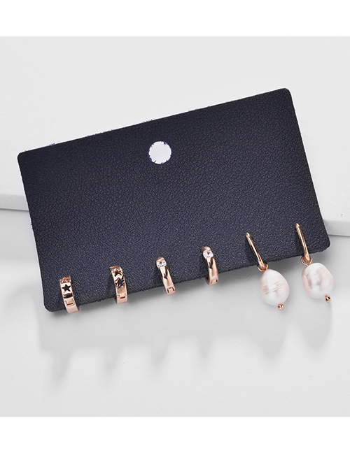 Fashion Rose Gold Pearl Shell Hollow Star Stud Earrings Set